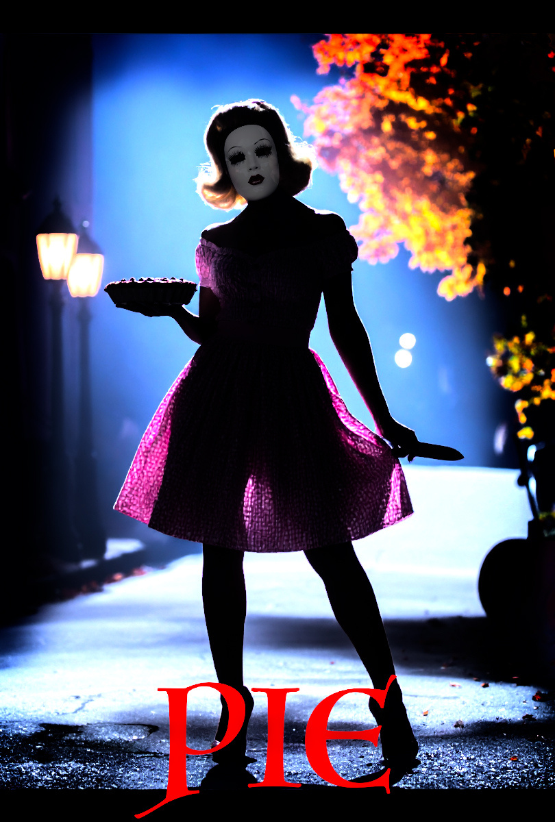 Silhouette of the Pie Killer at night, pie in one hand, knife in the other