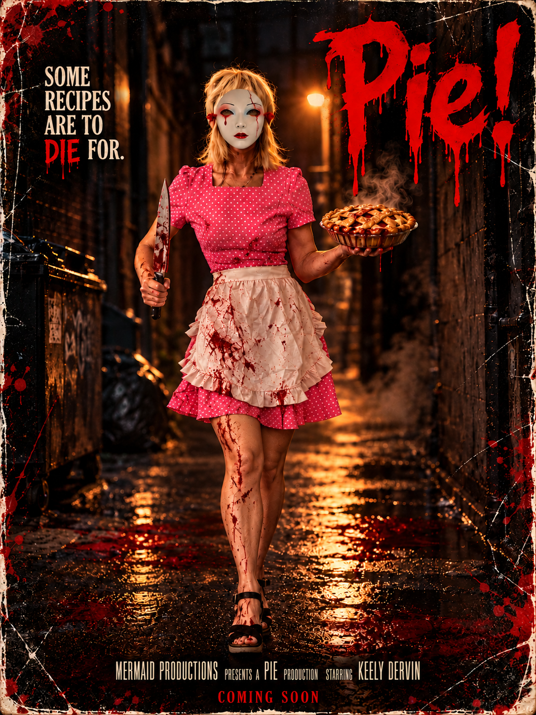 Official PIE! teaser poster — a bloodied housewife holding a knife and a fresh pie