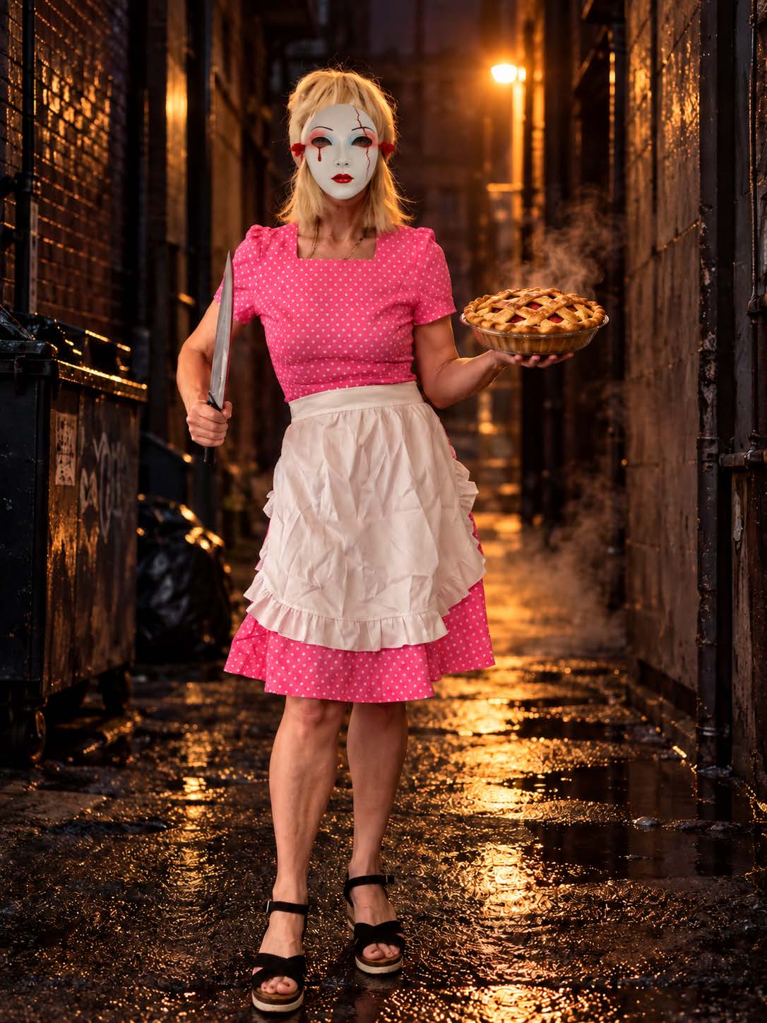 The Pie Killer in her housewife dress, holding a fresh pie in a rain-slick alley